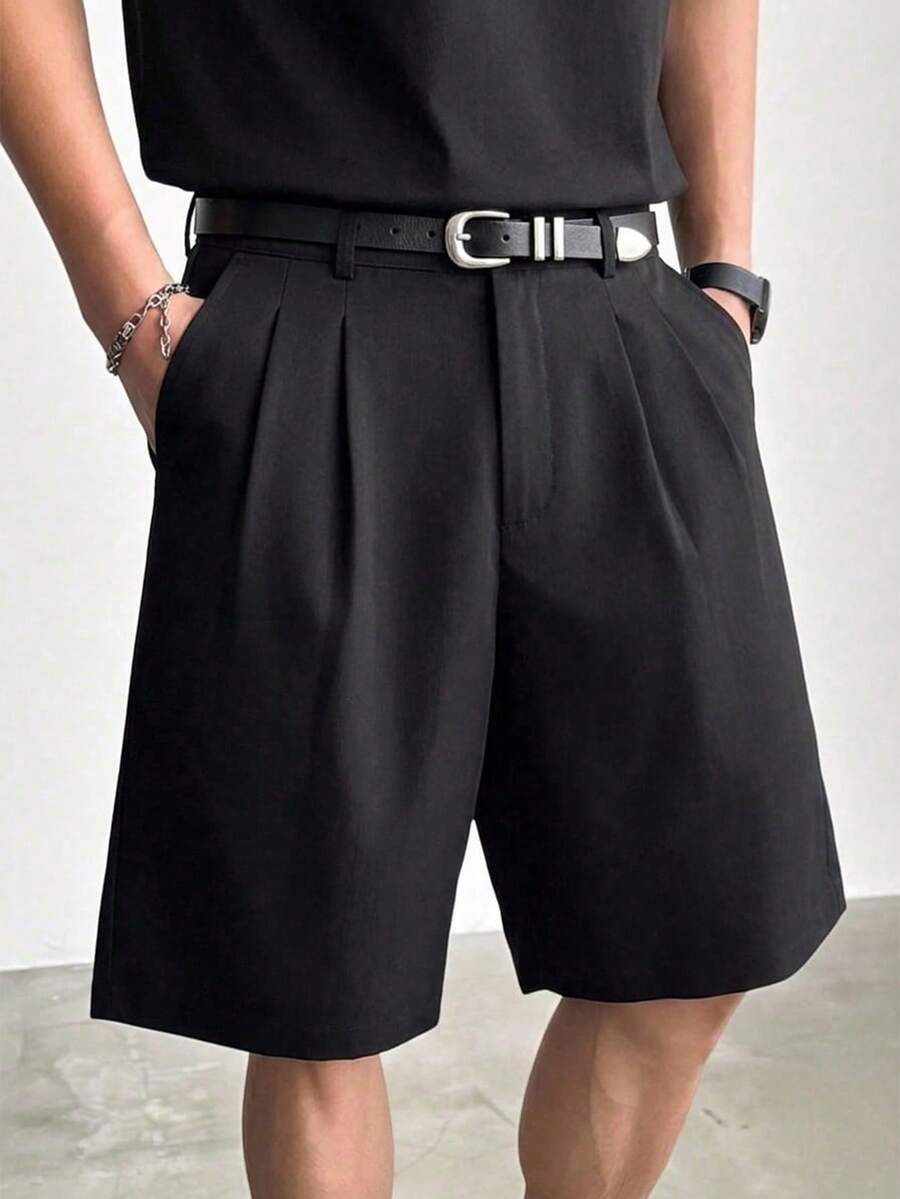 STYNVO Quần short dáng rộng, cạp xếp ly, màu trơn, túi xéo, kiểu dáng thường ngày. - màu đen - Xem 1