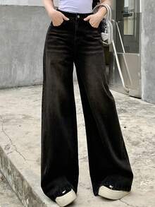 DAZY Washed Flared Wide-Leg Denim Pants,Baggy Jeans Y2k Low Rise Jeans - Black - View 7