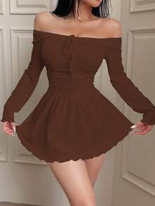 SweetSlumber Gaun Kasual Rajut Jacquard Tanpa Bahu untuk Wanita - Coklat - View 6