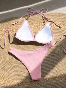 Swim Mod Women's Summer Beach Solid Color Halter Tie Sexy Bikini Swimwear Set - Pink - View 2