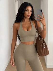 StreetHx Women's Solid Color Minimalist Halter Top And Pants Sports Suit Workout Sets - Khaki - View 3