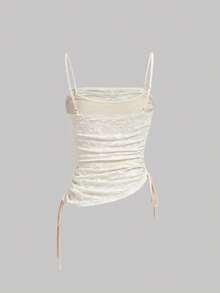 SHEIN MOD Women's Off-White Lace Patchwork Asymmetrical Hem Camisole Top,Elegant Summer Graduation Chic Ruched Tank Top With Drawstring Hem & Spaghetti Straps - Apricot - View 2