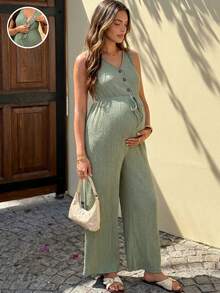 SHEIN Pregnant Women's Solid V-Neck Nursing Function Casual Jumpsuit For Daily Wear - Green - View 5