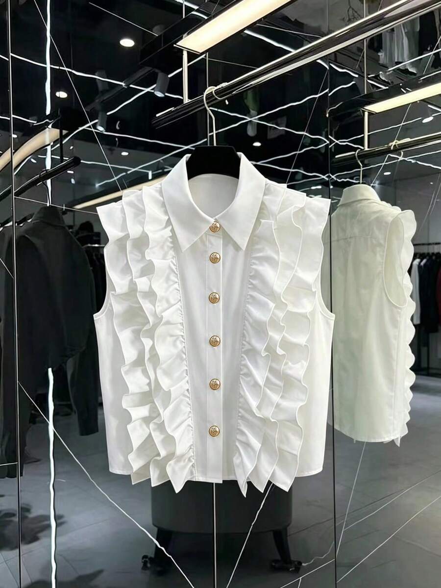 GlowEve Women's Solid Color Ruffle Trim Sleeveless Summer Fashion Shirt - White - View 1