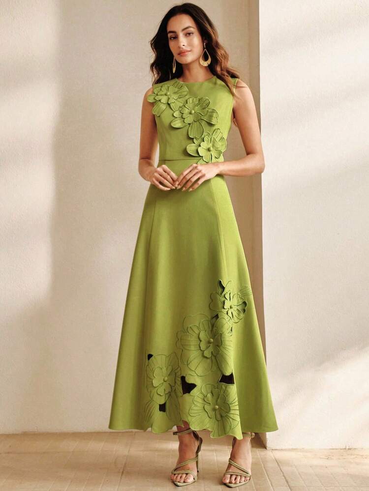 Women's Green Sleeveless High-Low A-Line Dress, Premium Embroidered 3D Floral Elegant Spring/Summer Dress, Avocado Green Everyday Wear