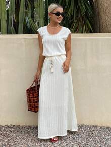 Livesso Women's Summer Casual Boho Vacation Solid Color Textured Fabric Lace Trim Top And Tassel Drawstring Waist Skirt 2-Piece Set Beach Brunch All White - White - View 3