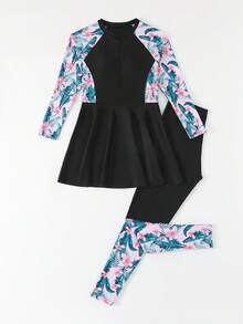 SHEIN 青少年女孩坦基尼泳裝，保守防曬，黑色底色配熱帶葉子與蘭花印花，前拉鍊上衣配高腰裙底，2件套，時尚、休閒、酷，適合游泳、夏季度假、海灘、泳池派對 - 黑色 - 查看 5