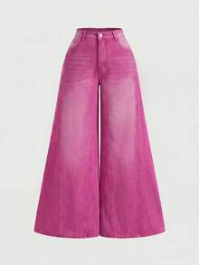 SHEIN MOD Celana Jeans Kasual Wanita Ukuran Besar, Longgar, dengan Kantong, dan Kaki Lebar - Berwarna merah muda - View 1