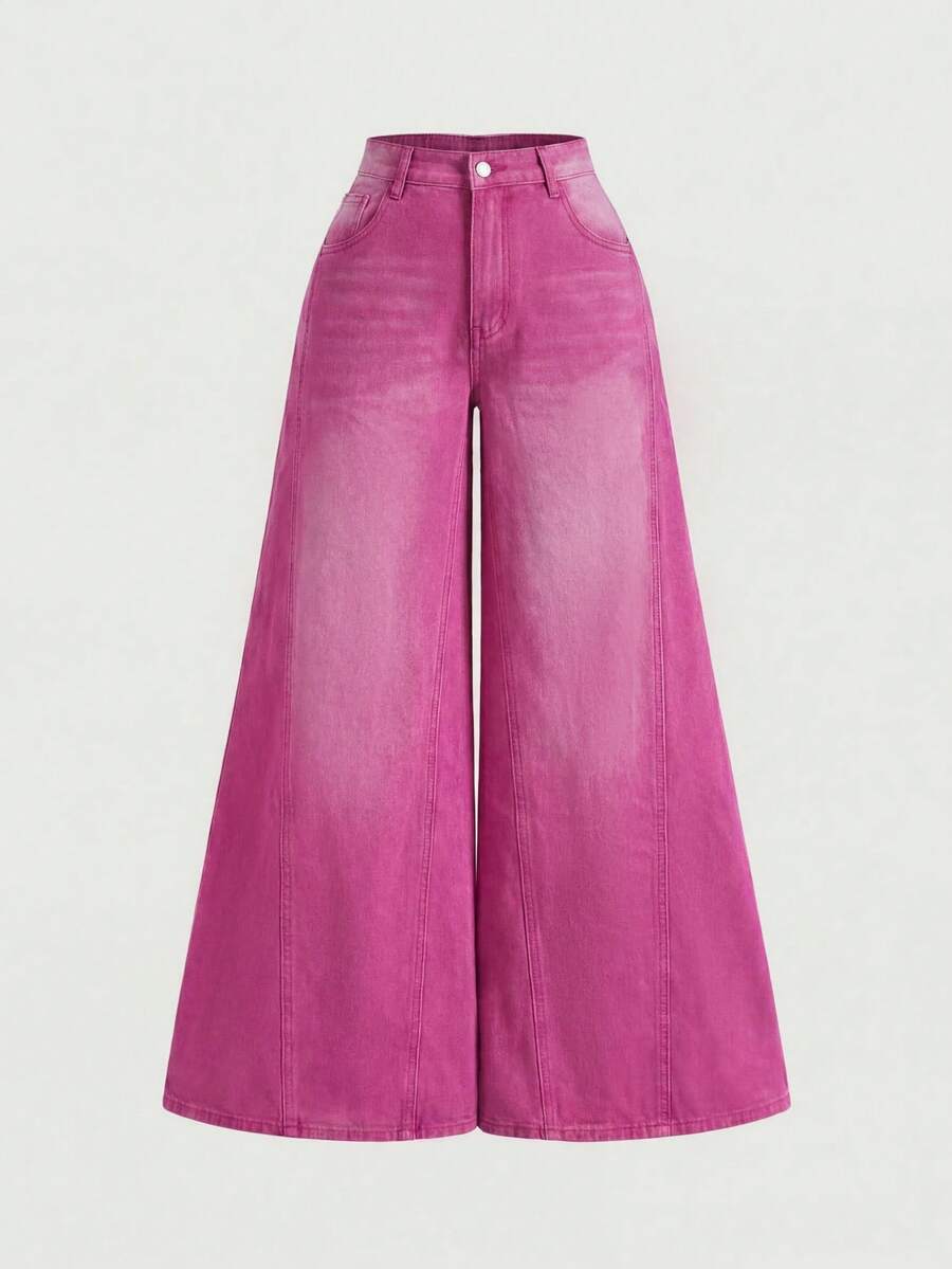 SHEIN MOD Celana Jeans Kasual Wanita Ukuran Besar, Longgar, dengan Kantong, dan Kaki Lebar - Berwarna merah muda - View 1
