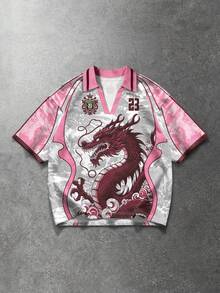 ROMWE MEN 男士休闲中国龙印花撞色短袖Polo衫，夏季 - 彩色 - 查看 5