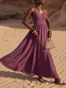 Zivah 2026 Spring/Summer New Dark Purple Lace Patchwork A-Line Long Dress,Boho Summer Holiday Vacation,Suitable For Music Festivals,Beach & Wedding Guest - Purple - View 11