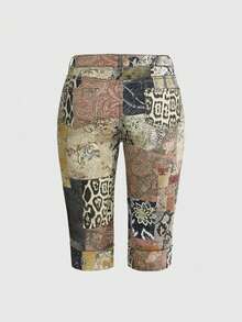 ROMWE Grunge Punk Bohemia Vintage Leopard & Floral Print Y2K Style Skinny Denim Capri Pants, Plus Size - Multicolor - View 2