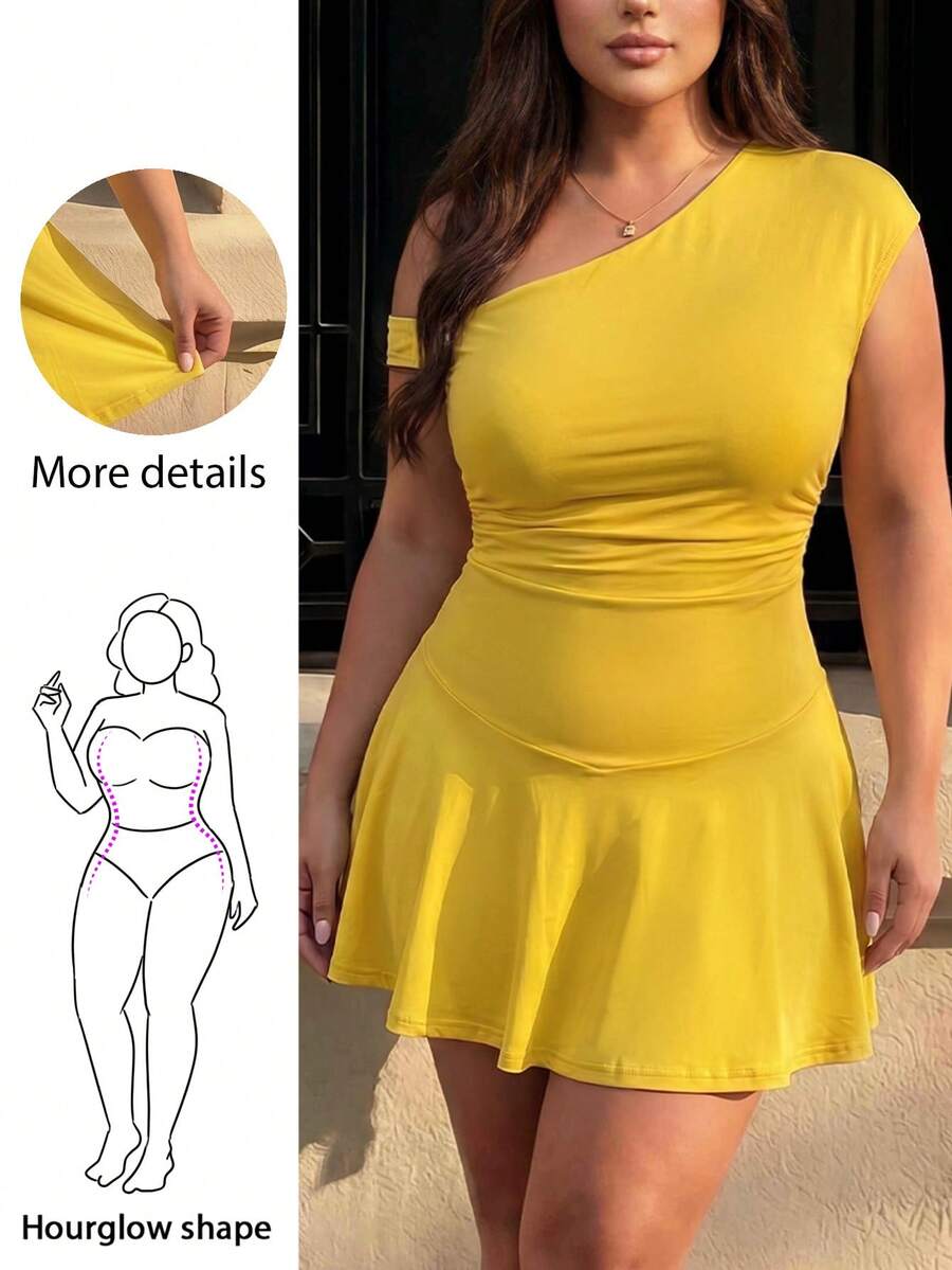 Hourglow Mono de talla grande casual de verano de unicolor con hombro asimétrico y fruncido, para Body de reloj de arena - Amarillo - Ver 1