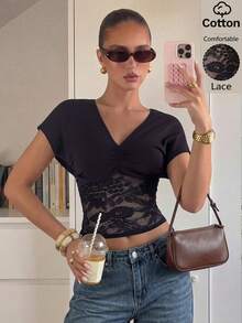 Siren Gaze Women's Elegent Black V-Neck Sheer Lace Panel Ruched Cotton Top,Chic Night Out Party Blouse,Short Batwing Sleeve Summmer Casual Shirt T-Shirt - Black - View 2