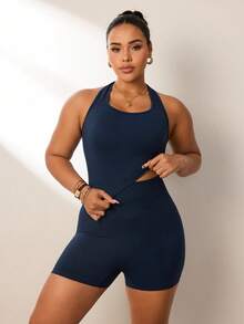 SHEIN Rhythm Era Plus Size Women Summer Minimalist Navy Seamless Halter Top And High Waist Shorts Sports Set - Navy Blue - View 1