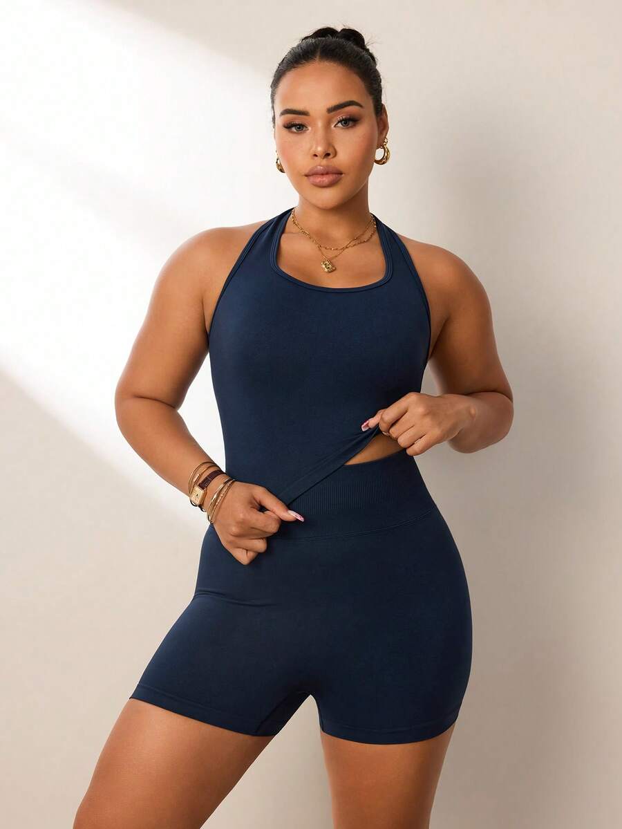 SHEIN Rhythm Era Plus Size Women Summer Minimalist Navy Seamless Halter Top And High Waist Shorts Sports Set - Navy Blue - View 1
