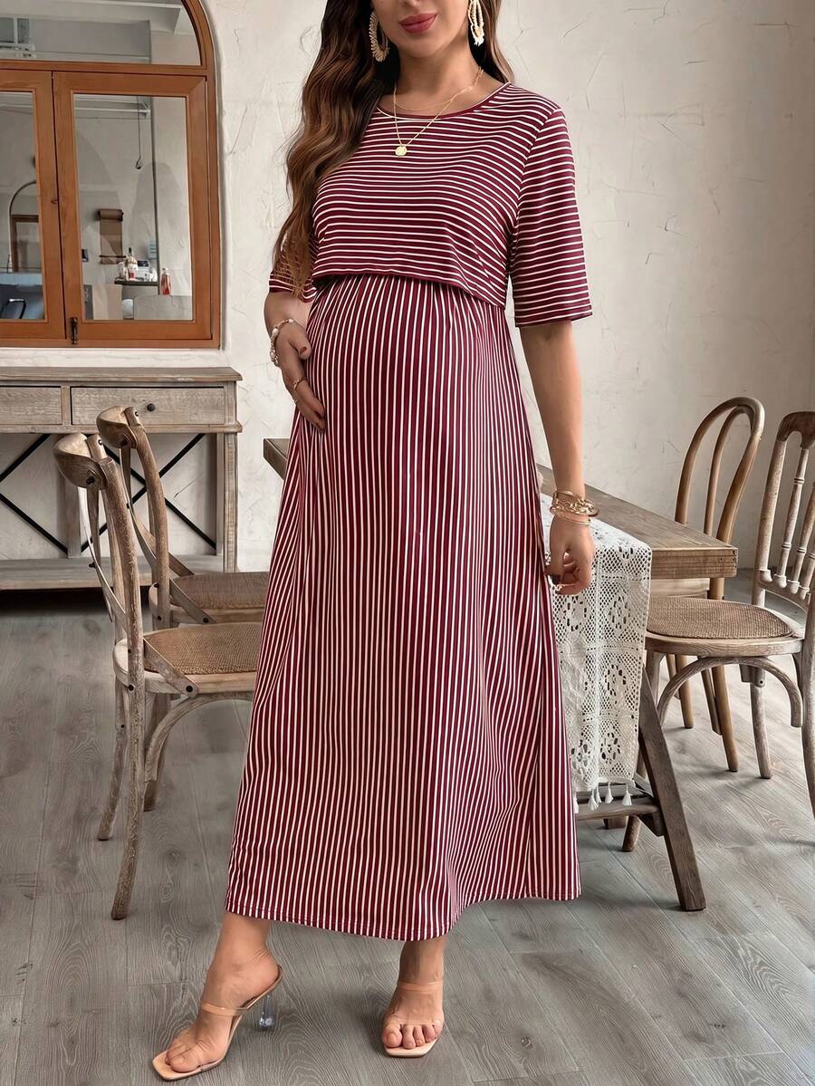SHEIN Maternity & Nursing Striped Round Neck Short Sleeve Casual Dress - Burgundy - View 1