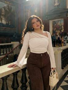 SHEIN MOD Plus Size Asymmetric Shoulder Flare Sleeve Brown Top With Bow Tie Metal Button, Vintage Bohemian Style For Spring/Summer, Suitable For Vacation Fall - Apricot - View 6