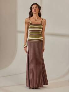 SHEIN Tall Đầm hai dây dệt kim kẻ sọc dành cho nữ với dây đeo vai đính hạt - Đầm hè thanh lịch chất liệu len pha cho kỳ nghỉ và đi làm văn phòng. - Màu xanh Ô liu - Xem 4