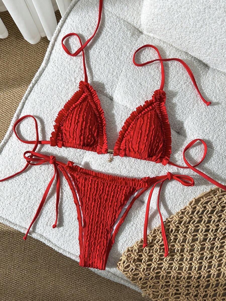 Swim Mod Women's Solid Color Jacquard Fabric Halter Metal Decor Ruffle Bikini Set, Spring/Summer - Red - View 1