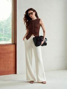 MOTF PREMIUM RUFFLE WAIST SLEEVELESS FITTED SINGLE-BREASTED TOP - Coffee Brown - View 3