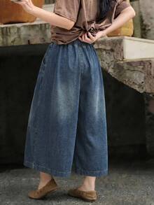 EMERY ROSE EMERY ROSE Celana Kulot Denim Wanita Kasual Musim Panas Gaya Vintage, Celana Pendek dengan Tali Serut Elastis dan Jahitan Panel, Celana Kulot Denim, Jahitan Panel - Biru - View 2