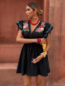 Selianne Black Bohemian Boho Mini Dress For Vacation Vacation Summer - Black - View 5