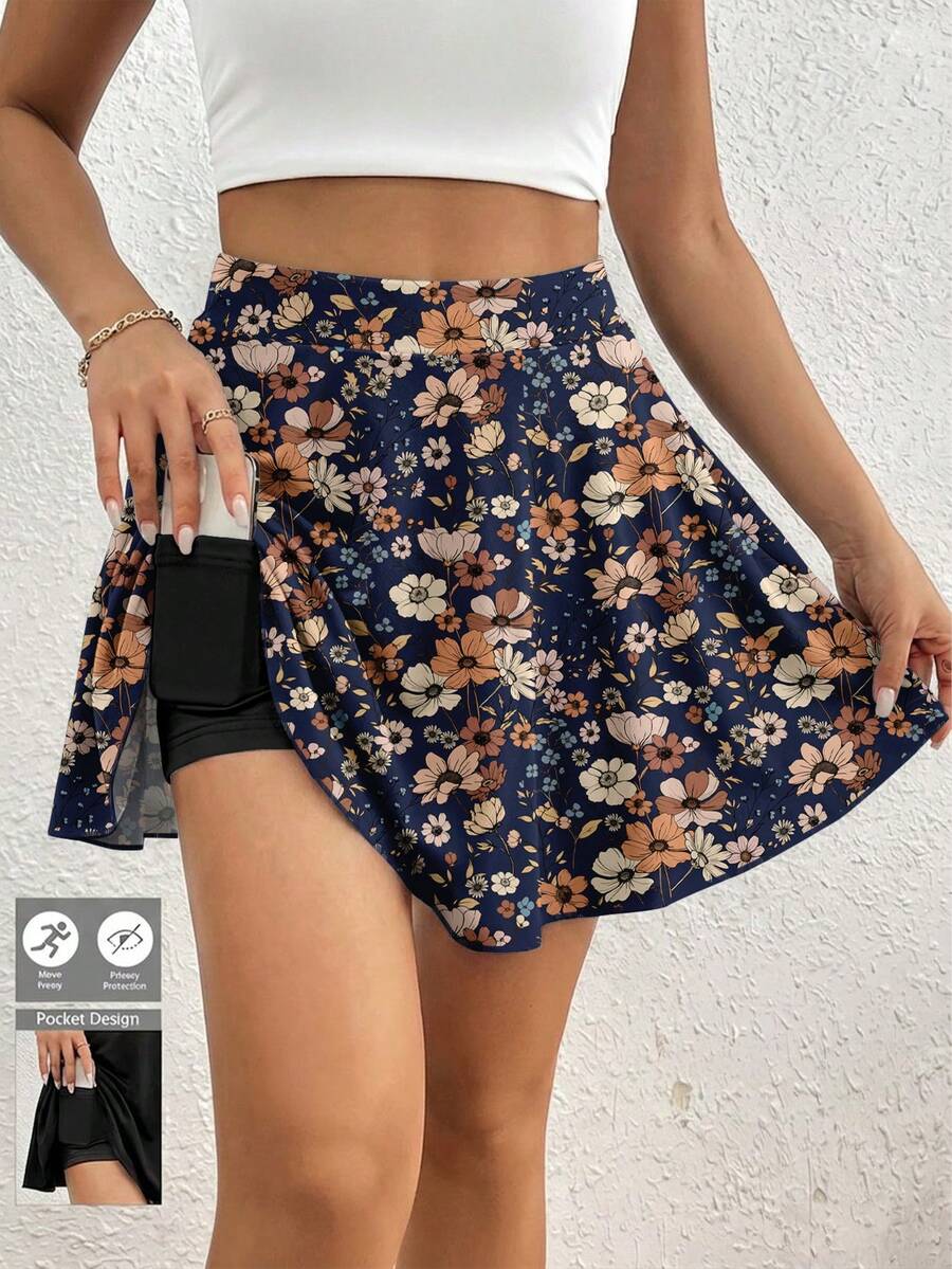SHEIN Frenchy 休閒極簡復古優雅通勤百搭保暖花卉圖案,海灘度假女款夏季口袋短褲 - 彩色 - 查看 1