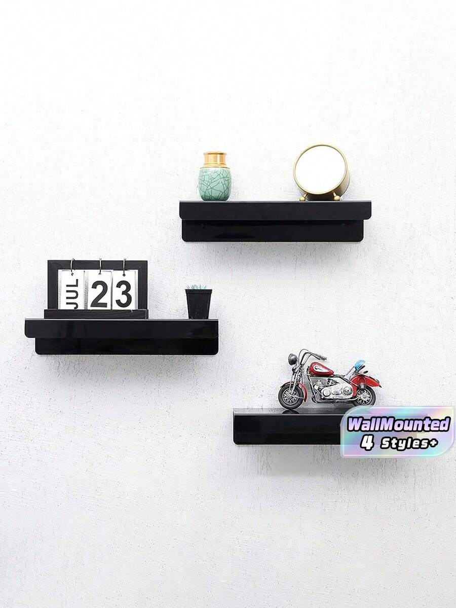 1pc No Hole Drilling 11.8-Inch Black Acrylic Wall Floating Shelf, Wall Mounted Book Display RackRoom Decor - Black - View 1