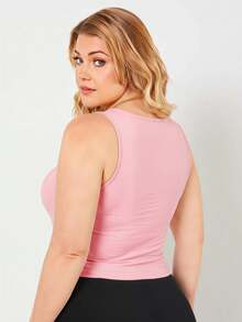 SHEIN BASICS Plus Size Women Solid Color Square Neck Casual Cute Versatile Tank Top House Light Pink Summer Tops - Pink - View 2