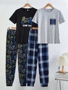 4pcs/Set Boys' Minimalist Gentleman Plaid Short Sleeve Solid Color Plaid Pocket Top + Colorful Game Console Print Short Pants Pajama Set - Multicolor - View 4