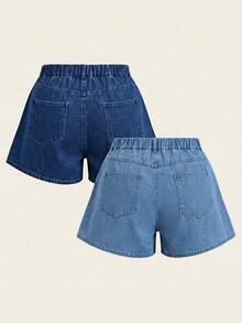 Elaquor Plus Size Summer Casual Slant Pocket Denim Shorts Set Beach Formal Sky Blue Navy Blue - Blue - View 2