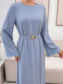 Veilorie Elegant Arabic Style Floral Patchwork Round Neck Waist Cinched Long Sleeve Dress - Blue - View 6