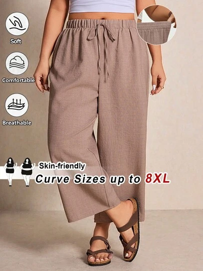 SHEIN CURVE+ 大码女式纯色腰带休闲阔腿裤，大码阔腿裤，飘逸阔腿裤，女士亚麻裤