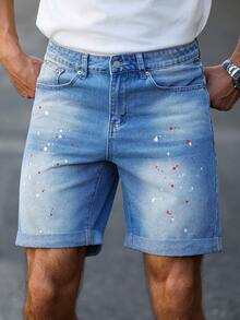 EGENSIO Men's Fashionable Versatile Pocket Button Painted Print Denim Shorts - Blue - View 7