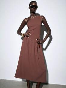 Vestido midi con volantes asimétricos en la cintura, estilo elegante francés, color marrón - Marrón - Ver 5