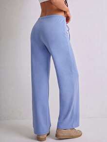 Pantalones casuales de pierna recta larga de unicolor para mujer con elasticidad media - Celeste - Ver 5