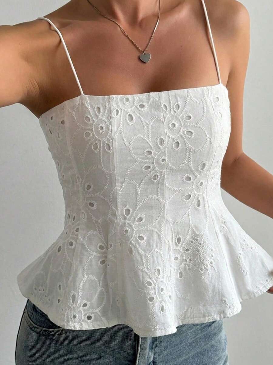 DAZY 女款夏季度假紋理面料休閒細肩帶可愛上衣 - 白色 - 查看 1