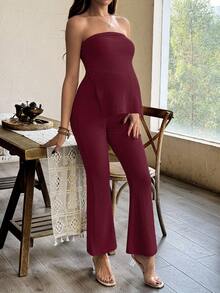SHEIN 2pcs Maternity Solid Color Tube Top & Split Leg Pants Set - Burgundy - View 6