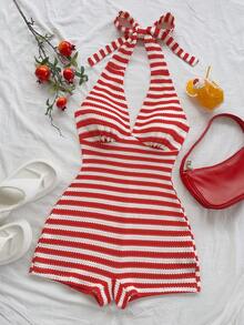 Soleia Bộ đồ liền thân cổ chữ V sâu thắt nút phía trước họa tiết dệt kim sọc đỏ trắng cỡ lớn dành cho nữ, thích hợp cho tiệc tùng, ngày lễ tình nhân, đêm hẹn hò, mặc nhiều lớp hoặc mặc ngoài, thích hợp cho tiệc tùng, giáng sinh, ngày lễ tình nhân, hẹn hò, bãi biển, du ngoạn, lễ hội, lễ phục sinh, kỳ nghỉ Boho - Đỏ - Xem 4