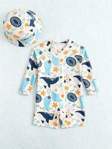 SHEIN Infant/Baby BoyWhale Print Long Sleeve Rash Guard Swimsuit With Sun Protection Wide Brim Hat - Multicolor - View 3