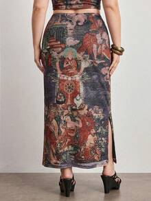 ROMWE Avant Vintage-Style Chinese Buddhist Statue Print Side Slit Mesh Plus Size Women Skirt - Multicolor - View 3
