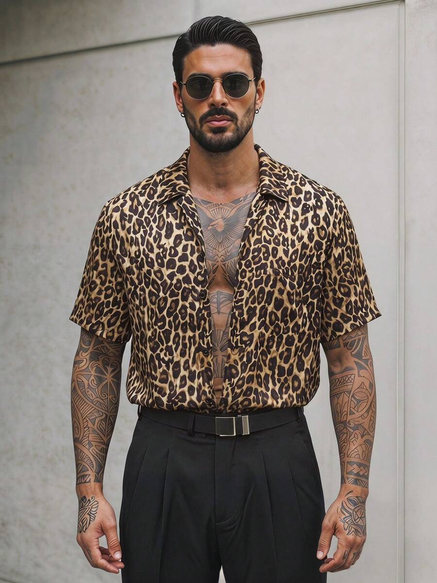 Manfinity RebelGame Plus Size Men's Leopard Print Short Sleeve Single-Breasted Fashion Shirt - Multicolor - View 1