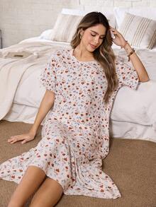 Serenescape Gaun Tidur Panjang Kasual Wanita untuk Liburan, Motif Bunga, Patchwork, dan Hem Berkerut - Aprikot - View 4