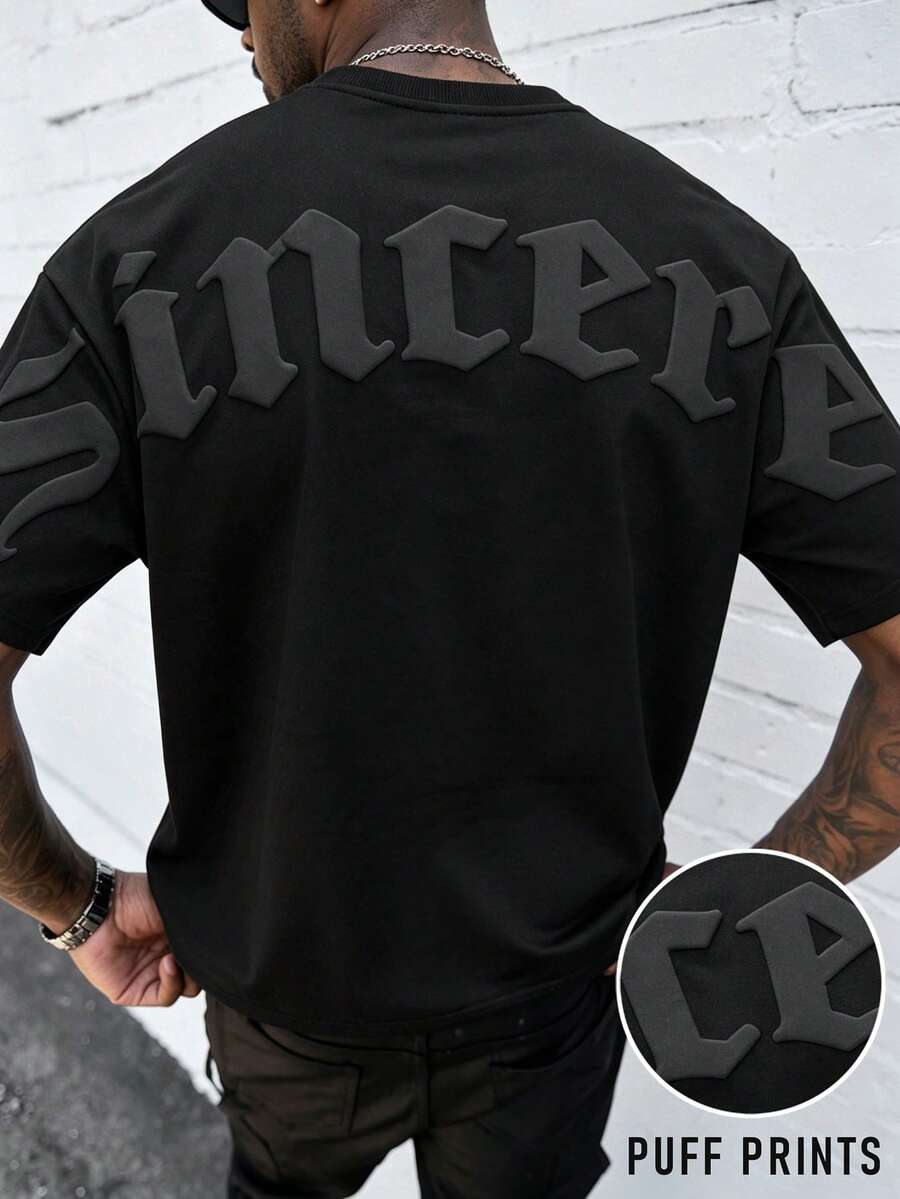 SLATEMANN Kaos Kasual Pria Gaya Jalanan untuk Perjalanan Sehari-hari, Motif Huruf Timbul, Bahu Jatuh, Longgar, Musim Panas, Liburan - Hitam - View 1