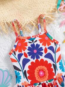 SHEIN Baby Girl Floral Print Ruffle Trim One-Piece Swimsuit For Beach Vacation - Multicolor - View 5