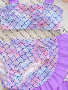 SHEIN 少女美人魚鱗片印花比基尼套裝，時尚休閒優雅泳裝，適合夏季游泳、海灘、度假 - 紫色 - 查看 3