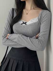 DAZY Women's Bow Decor Contrast Lace Basic Tee, Spring & Summer,Fall Clothes Long Sleeve Women Tops - Grey - View 5