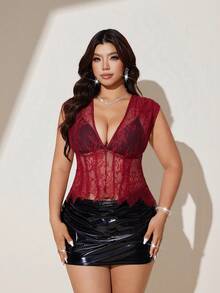 Viva Relle Damen Große Größen Rotes Spitzen-Transparent-Korsett-Top, Ärmellos V-Ausschnitt Blumen-Mesh-Bustier, sexy figurbetontes Spitzen-Top für Clubwear, Ausgehen & Layering - Bordeaux - Übersicht 5