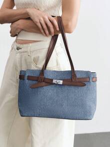 SHECARRY Bolso de mano para mujer, correa exquisita, bolso de hombro de gran capacidad para ir al trabajo. - Azul Marino - Ver 7